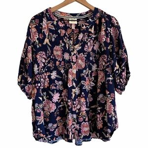 NEW Knox Rose Women’s XL Floral Button Down Blouse Smocked Navy Pink Coral Cream